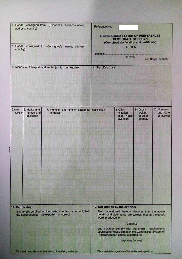 gsp certificate of origin form